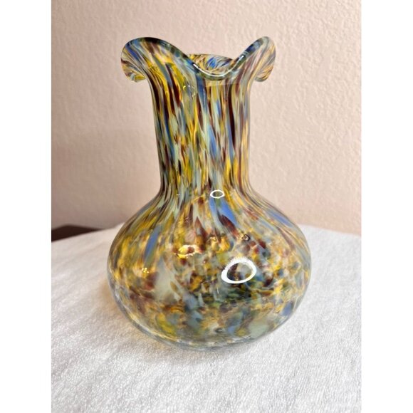 Hand-Blown Art Glass Vase Confetti Splash Swirl Pattern Ruffled Edge 7-3/4" - Picture 8 of 12